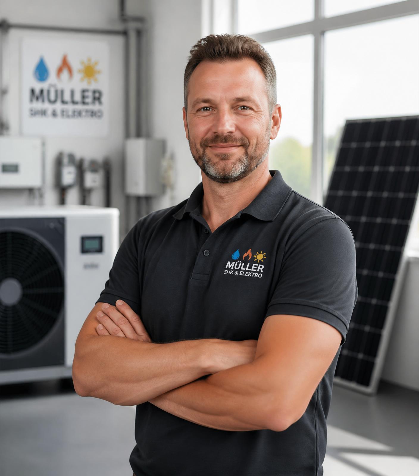 Handwerksbetriebs-Inhaber mit Wärmepumpe und Solarmodul